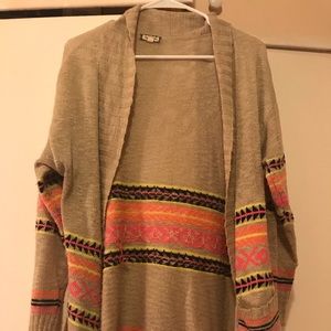 Yellow, black and pink patterned tan cardigan